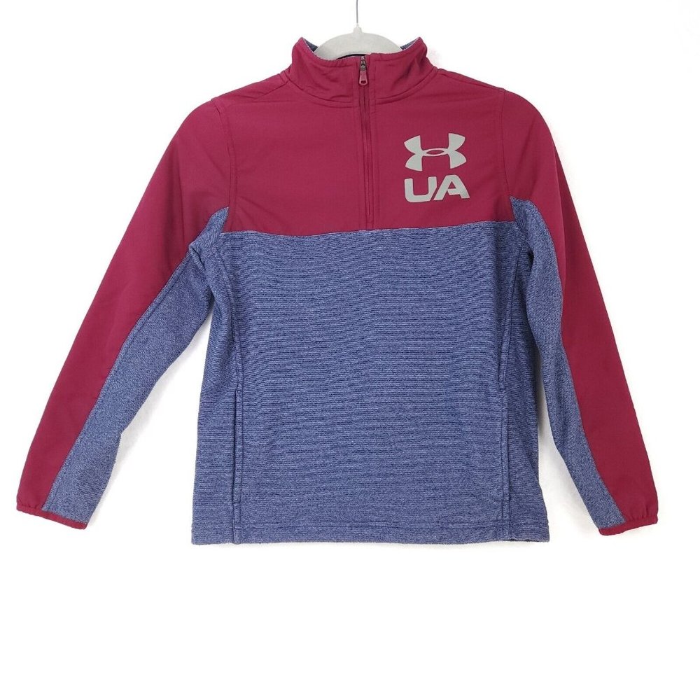 Under Armour Cold Gear Jacket Youth Size M Loose Fit 1/4 Zip Maroon/Gray Stripe - Picture 2 of 11